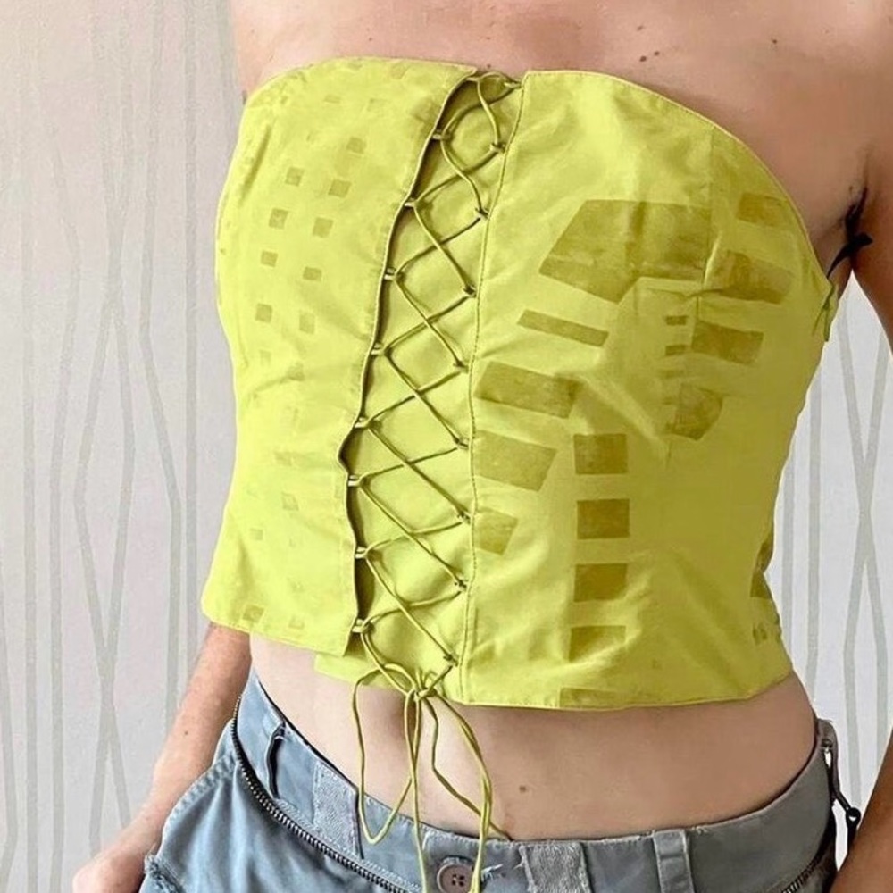 Vintage BICHE de BERE Vibrant Lime Strapless Lace-Up Crop Top